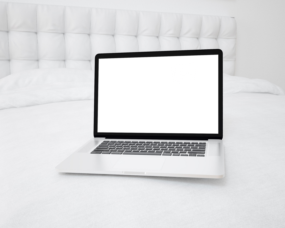 Laptop Mockup: knowing laptop white bed